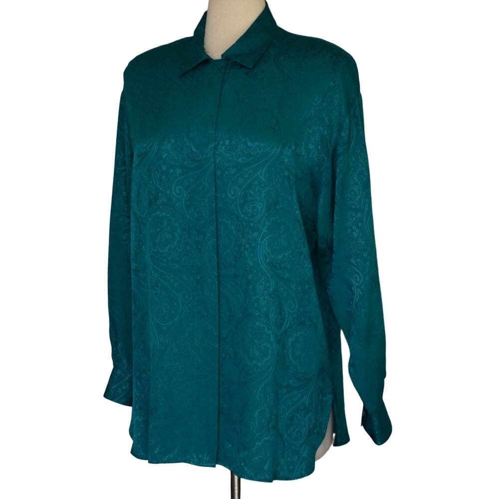 Vintage 80s Emerald Green Long Sleeve Silk Jacquard Blouse by Stefano Studio M L
